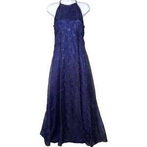 Zum Zum by Niki Livas Women Size 7 Navy Blue Halter Neck Formal Evening Gown Y2K
